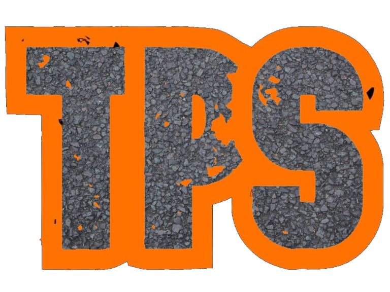 Tarmacadam & Paving specialists logo Bold letters "TPS" in grey with an orange outline, textured background.